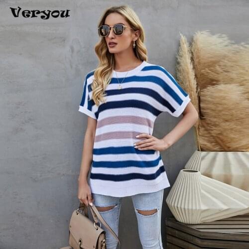 New Multi-color Striped T Shirt Women Clothing 2021 Summer Short Sleeve Tops Holiday Slim Female T-Shirt Casual T Shirt Women