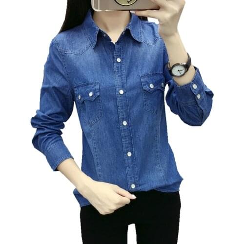 New spring Autumn women cotton pocket Button decoration Turn-down Collar long sleeve blouse blue Denim shirt casual tops