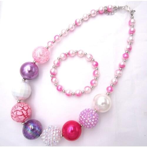 2021 Spring New Arrival Kids Toddler Girls 8MM Fuchsia+White Double Color Pearl Beads Necklace Bracelet Toy Sets Gift For Child