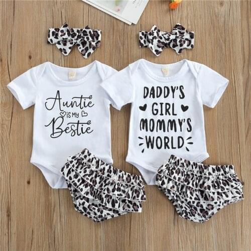 Baby Girls 3 Piece Summer Outfits Set Short Sleeve Letter Print Romper + Leopard Bloomers + Headband Set for 0-18 Months