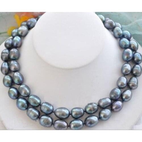 2 rows 9-10mm tahitian baroque black green pearl necklace18"19"