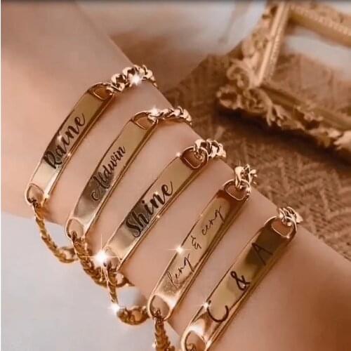 Punk Customized Name Engraved Bar Bracelets Women Men Stainless Steel Hip Hop Cuba Link Bangles For Male Personalized Jewelry