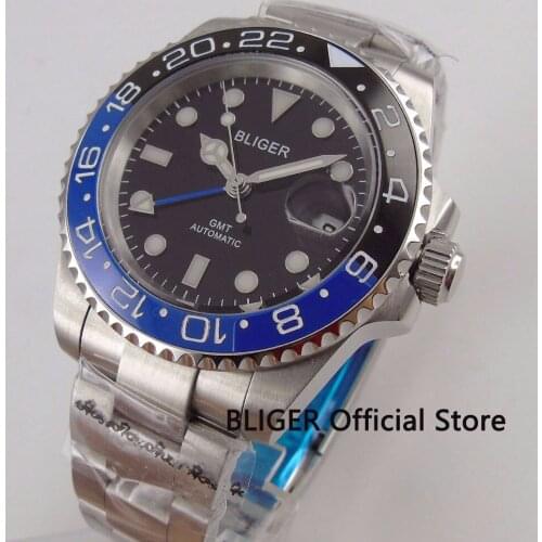 Sapphire Glass BLIGER 40mm Black Dial Mens Watch Blue Black Ceramic Bezel GMT Pointer Luminous SS Strap Automatic Movement