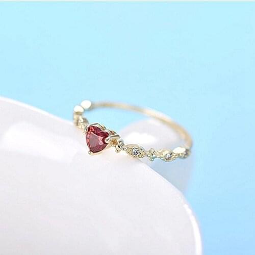 TRACYSWING Ring For Women Korean Style Cute Heart Red Cubic Zirconia Yellow Color Fashion Jewelry Gift For Girls KCR516