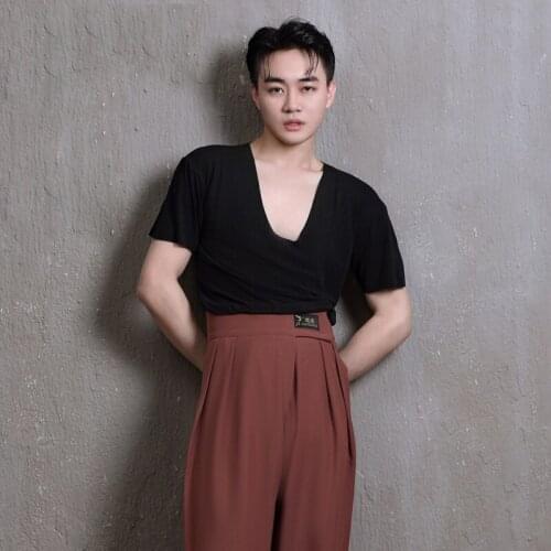 Adult Male Latin Dance Tops Summer Big Round Neck Short-Sleeved Long-Sleeved Shirt Practice Clothes Latin Dance Costumes DN8753