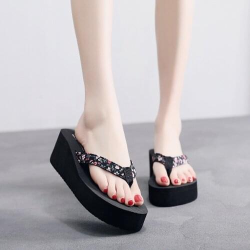 2021 New Summer Slippers With Flowers, High-heeled Platform Flip-flops, Womens Slope With Flip-flops