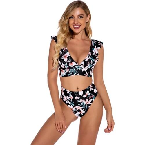 2021 Woman Brazilian Floral Ruffle Bikini 2 Pieces Sexy Taille Haute Swimsuit Set Girl Bikini Push Up 90s Womens Bathing Suits