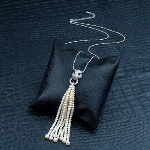 100% Handmade Leopard Head Pendant Tassel Chain Fashion Tassel Sweater Necklace Mini Natural Pearl Pendant Jewelry Lady Gifts