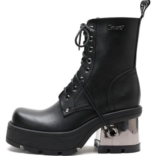 2021 Winter Fashion Womens Boots Lace Up Calf Round Head Womens Martin Boots Black Mid Heel Square Heel Pu Women Shoes