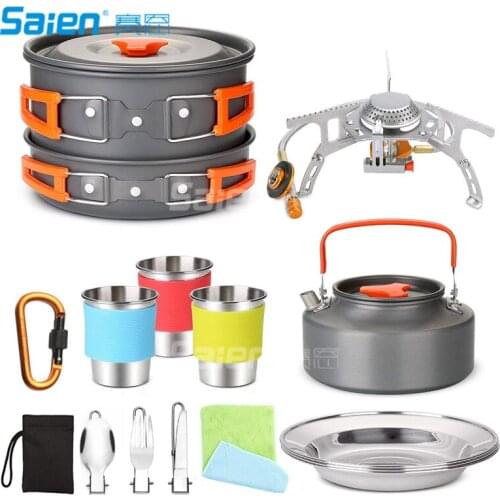 24pcs Camping Cookware Mess Kit Backpacking with Camp Stove, Camping Pot Pan Kettle with Camp Utensil for 3, Cups Dishes Sporks