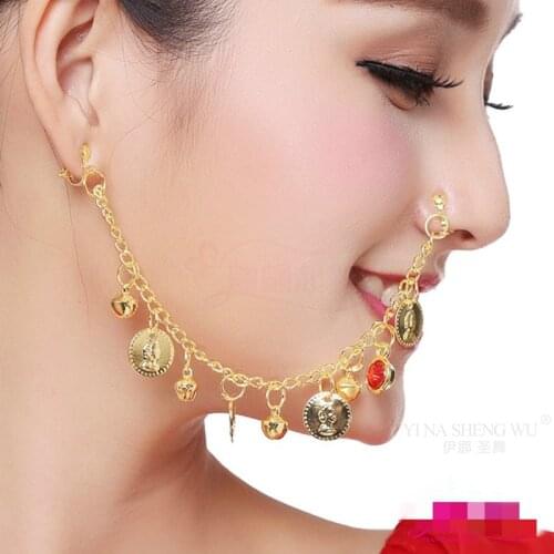 1 Set 3 pieces Indian Belly Dance Nose Rings And Studs Ear Chain Women Gold Earrings Nose Head Chain Hoop Show Earing Body Jewe