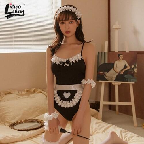 5Pcs Cosplay Backless Bodysuit Lace Bow Bandage Strap Lovely Headband Wristband Womens Panties Sexy Maid Costume Underwear New