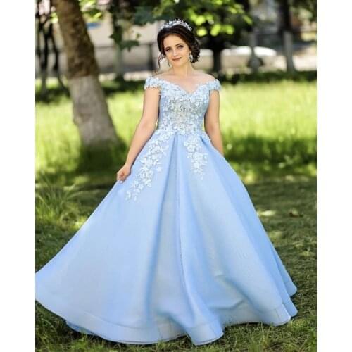 Light Blue Appliques Ball Gown Prom Dresses 2021 Off Shoulder Floral Formal Evening Party Dress Robe De Soiree