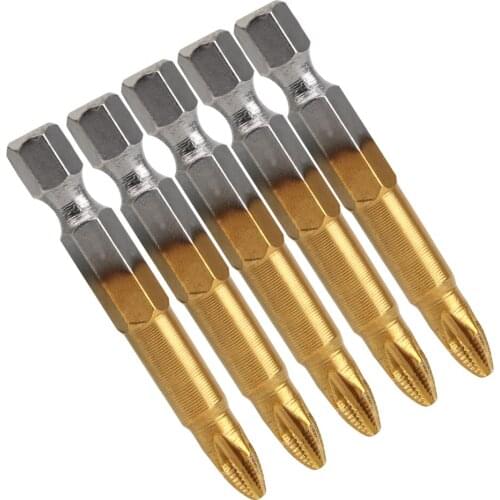 DIYWORK Electric Screwdriver Bits PH2 50mm Length with Magnetic Tip 5 Pieces/Set 1/4" Hex Shank Titanium Coated Anti Slip