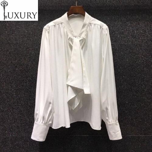 Autumn Plus size 2020 Winter Fashion White Khaki Black Blouses High Quality Women Elegant Bow Tie Shirts Blusa Feminino