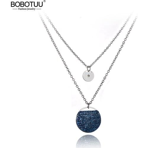 BOBOTUU Trendy Bohemia Titanium Stainless Steel Double Layer Dark Blue Rhinestone Round Shape Choker Necklaces For Women BN19168