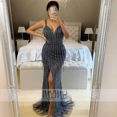 Breathbreaking Dubai Sparkly Evening Gown Prom Dress Straps Spaghetti Slit Hand Beaded Tulle Wraped Skirt Sexy Prom Party Gowns