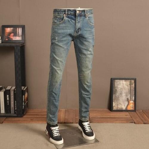 Vintage Blue Jeans Men Streetwear Retro Regular Fit Denim Pants