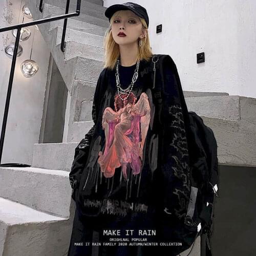 Cotton long-sleeved T-shirt men women demon print dark high street retro O-neck Punk Streetwear Oversize Harajuku Gothic Shirt