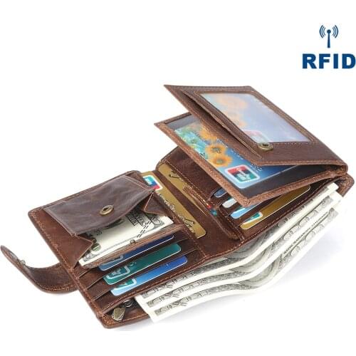 JOYIR Crazy Horse Leather Men Wallet Purses 2019 Vintage RFID Short Male Wallet Quality Coin Card Holder Hasp Cow Leather Wallet