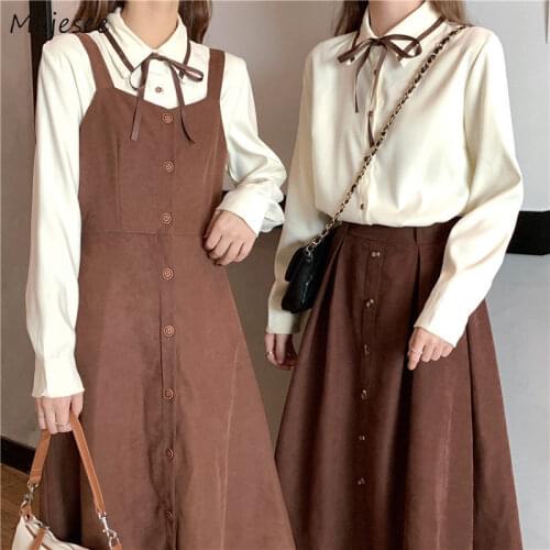 Women Sets 2 Piece Bow Shirts Button High Waist A-line Dress Elastic Draped Mid-calf Skirts Sweet College Korean Style Casual