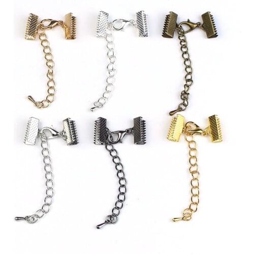 30pcs/lot Ribbon Leather Cord End Fastener Clasps with Extension Chains Lobster Clasp Connectors for Bracelet Jewelry Making