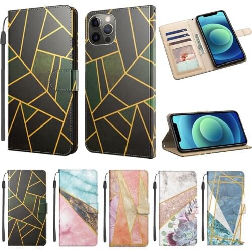 Leather Flip Phone Case for iPhone 12 Mini 11 Pro Max XR XS X SE 2020 6 7 8 Plus Coque Geometric Marble Wallet Shockproof Cover
