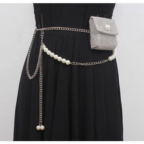 Hotselling Mini Waist Packs Flap Silver Rhinestone Long Waist belt Lipstick Coin Bag For Women Pearl Chain PVC Fanny Packs 2021