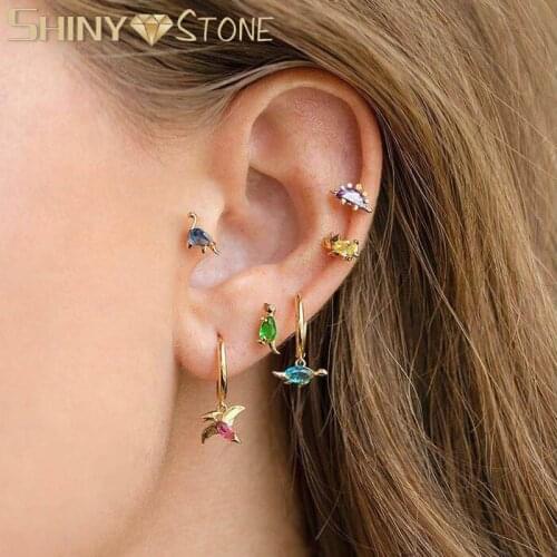Fashion Cute Lovely Wild Animal Dinosaur Huggie Hoop Earrings For Girl Colorful Cz Animal Pendant Gold Color Earrings