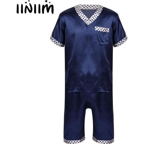 Men Satin Plaid Sleepwear V Neck Short Sleeve T-Shirt Tops with Shorts Pajamas Sets Male Leisure Wear Home Clothing Nightwear