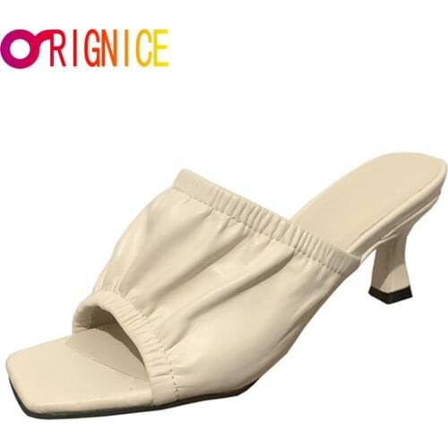 Orignice New Design Pleated Square Toe Mid Heel Slippers Women Sandals Fashion Simple Slip On Slides Summer Daily Life Shoes