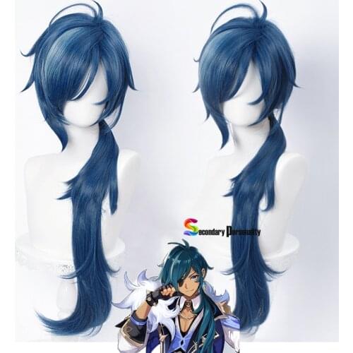Anime Wigs Genshin Impact Kaeya Cosplay Men 80cm Long Ink-blue Wig Cosplay Costume Heat Resistant Synthetic Hair Peluca