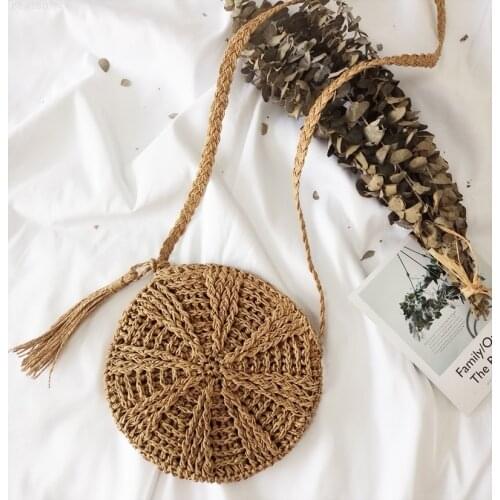 2021 New Round Straw Beach Bag Vintage Handmade Shoulder Bag Raffia circle Rattan bags Bohemian Summer Vacation Casual Bags