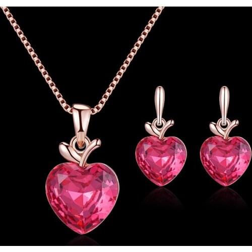 Luxury Female Love Heart Jewelry Set Charm Rose Gold Color Dangle Earrings For Women Dainty Red Zircon Wedding Chain Necklace