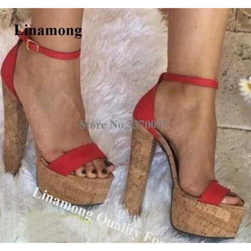 Linamong New Open Toe Patchwork High Platform Chunky Heel Gladiator Sandals Red Black Blue Ankle Straps Thick High Heel Sandals