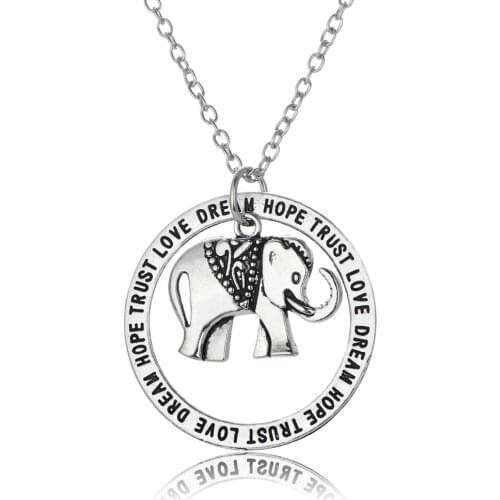 Trendy Elephant Pendant Necklace Trust Love Dream Hope Round Circle Vintage Sweater Chain Necklaces Women Men Jewelry