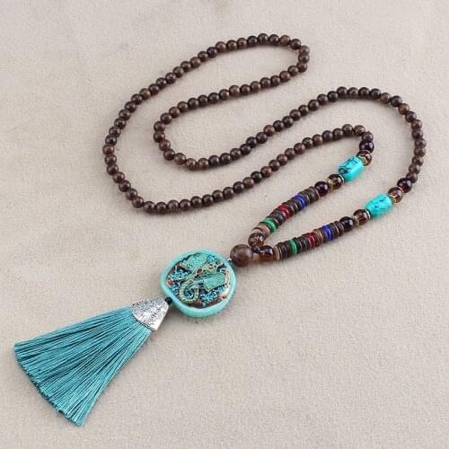 Unisex Handmade Nepal Buddhist Mala Wood Beads Pendant Necklace Boho Hippie Style Ethnic Long Pendant Men Womens Lucky Jewelry