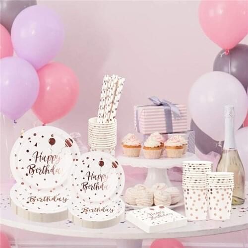 Rose gold theme balloon rose gold disposable cup plate flag happy birthday tableware sweet birthday party decoration baby shower