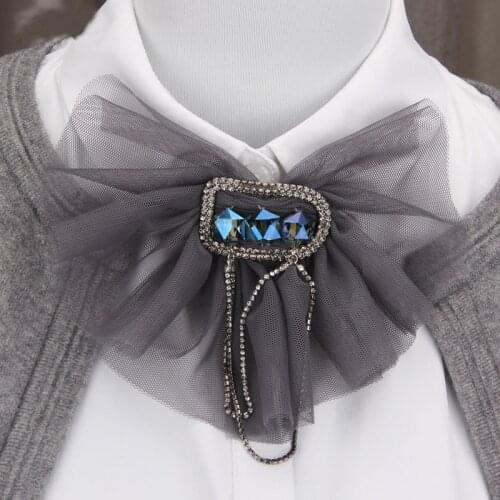 Fashion Women Soft Colors Mesh Bowknot with Faceted Beads Long Rhinestone Tassels Brooches Pins Necktie Hair Clip Accessory Gift