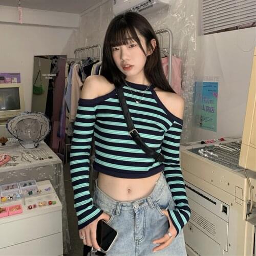 Slim Striped Clothing Women T Shirts Halter O-neck Long Sleeve Autumn Style Streetwear Y2k Crop Top Off Shoulder Tees Hollow Out