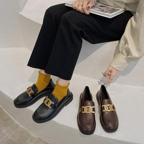 Autumn Platform Ladies Loafers Mary Jane Shoes For Woman 2021 Women Flats Lolita Vintage Soft Slip On Metal Chain Oxford Shoes