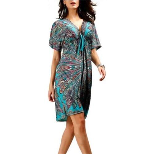 Summer Women Sexy dress Boho Deep V Ethnic Floral Print Tunic Beach Dresses Robe Sexy Casual Silk Dress