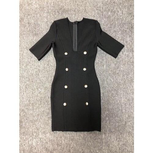 Women Sexy V Neck Buttons Embellished Bodycon Dress Black Short Sleeve Summer Party High Quality Rayon Celebrity Bandage Dresses
