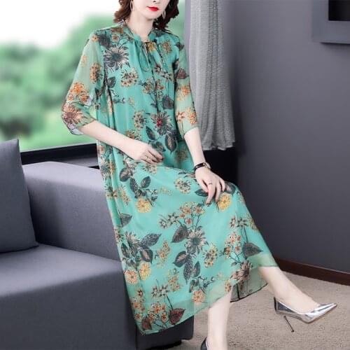 2021 Spring Casual Green Floral Mulberry Silk Midi Dress Summer Vintage 4XL Plus Size Print Vestidos Elegant Women Bodycon Dress
