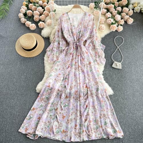 Summer Women Chiffon Floral Dress Long Sleeve Design Irregular V Neck A-line Casual Dress Bohemian Print Beach Long Sundress