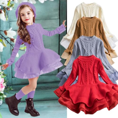 Winter Sweater Dresses For Girls Kids Long Sleeve Princess Party Tutu Thick Knitted Red Christmas Costume Children Xmas Clothing