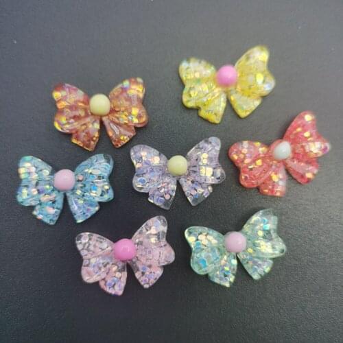 17*24mm 15pcs Glitter Transparent Cartoon Bow DIY Children Hairpin Head Rope Resin Accessories