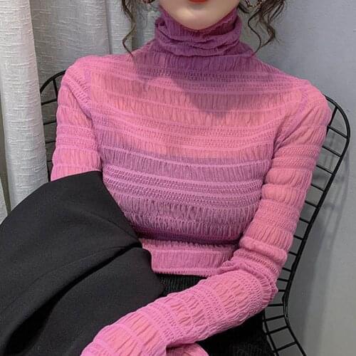 Women Autumn Solid Color Heap Collar Slim Blouse See Through Sheer Base Womens Clothing блузка женская ropa mujer 2020