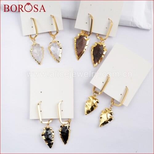 BOROSA New Fashion Druzy Jewelry Wholesale Natural Gold Color Multi Kind Stone Arrowhead Rectangle Earring For Women G1586