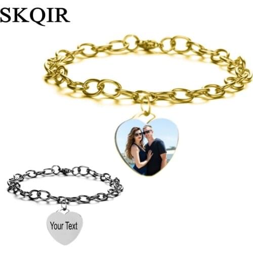 Personalized Custom Photo Bracelets Heart Stainless Steel Engrave Name Bangle For Women Men Bracelets Memory Jewelry Gift